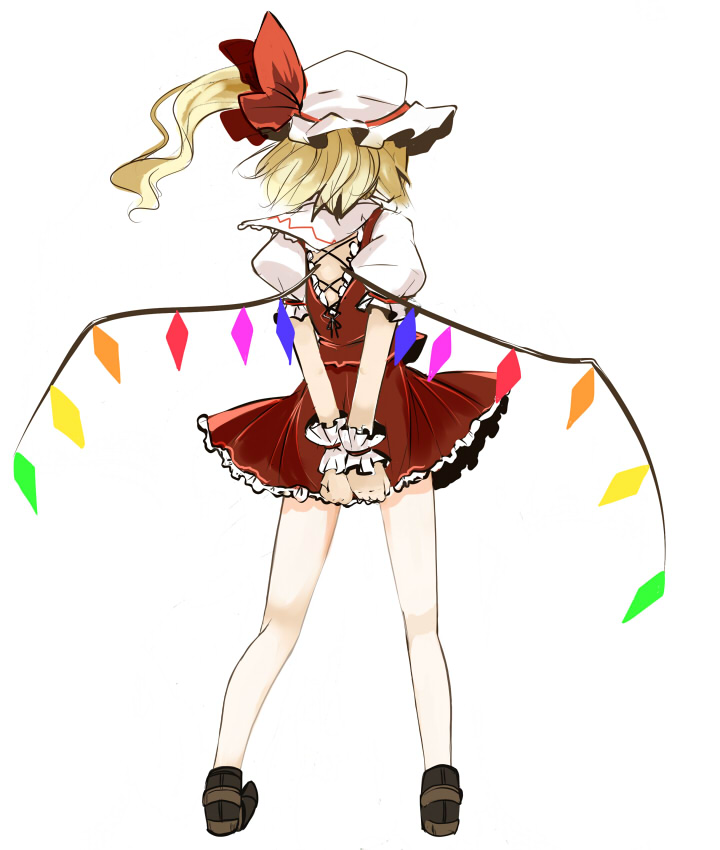 takaharu, flandre scarlet, touhou, 1girl, arms behind back, backless dress, backless outfit, bare legs, blouse, brown shoes, crystal, demon wings, dress, female focus, frills, from behind, full body, hat, legs apart, loafers, mob cap, own hands together, ponytail, puffy short sleeves, puffy sleeves, red dress, shirt, shoes, short sleeves, simple background, socks, solo, standing, v arms, white background, white hat, white shirt, white socks, wings, wrist cuffs