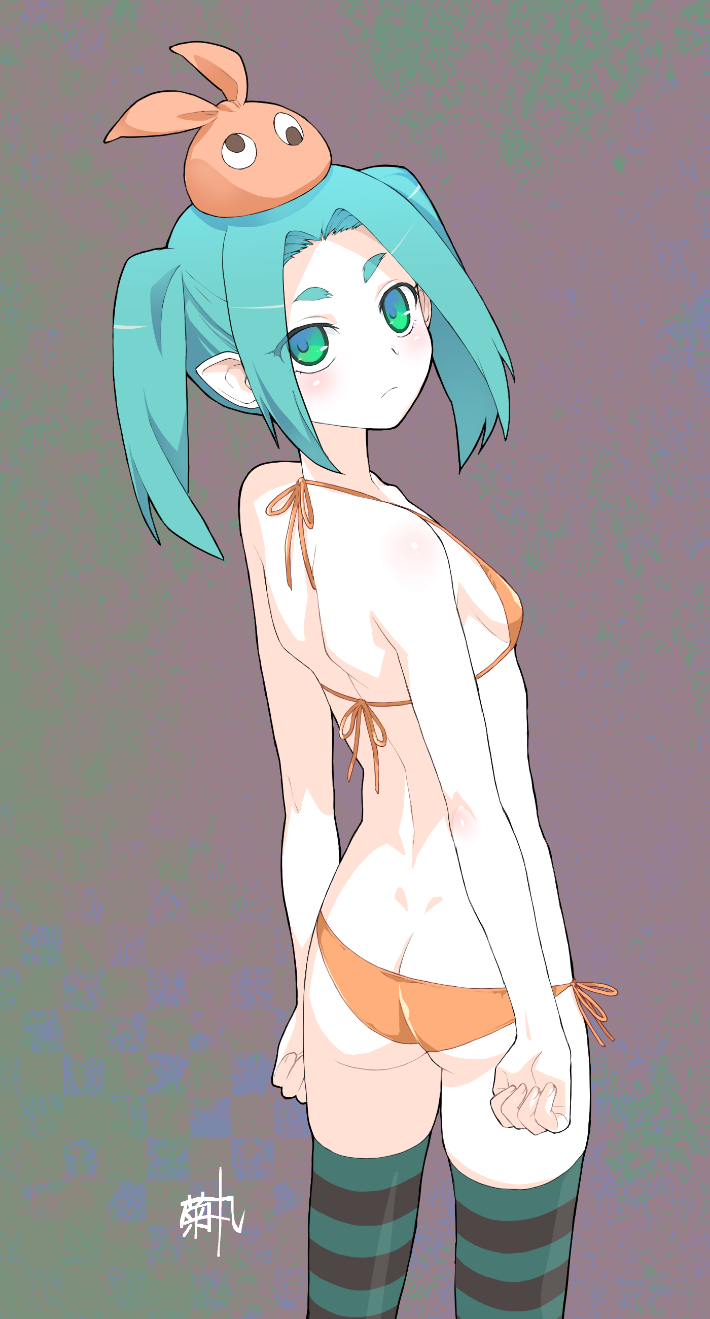 kikumaru bunta, ononoki yotsugi, monogatari (series), absurdres, commentary, highres, paid reward available, translated, 1girl, aqua hair, aqua thighhighs, arms at sides, artist name, ass, bikini, black thighhighs, breasts, butt crack, clenched hands, closed mouth, cowboy shot, dimples of venus, expressionless, from behind, from side, googly eyes, green eyes, grey background, halterneck, hat, hikimayu, light blush, light frown, long hair, looking at viewer, looking back, looking to the side, micro bikini, orange bikini, orange hat, pale skin, parted bangs, pointy ears, short eyebrows, shoulder blades, side-tie bikini bottom, sideboob, sidelocks, signature, skindentation, small breasts, solo, standing, swimsuit, thick eyebrows, thighhighs, twintails