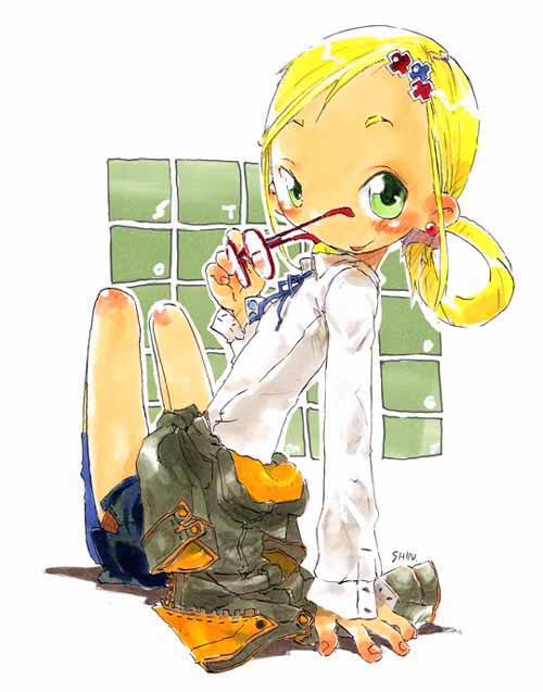 hashimoto shin, asuka momoko, ojamajo doremi, 1girl, :p, arm support, artist name, black shorts, blue ribbon, blue socks, child, clothes around waist, earrings, female focus, from behind, glasses, green eyes, hair ornament, hair rings, hairclip, jacket, jacket around waist, jewelry, kneehighs, knees up, leaning back, long sleeves, looking at viewer, looking back, overalls, red-framed eyewear, ribbon, shorts, sitting, smile, socks, solo, tareme, tongue, tongue out