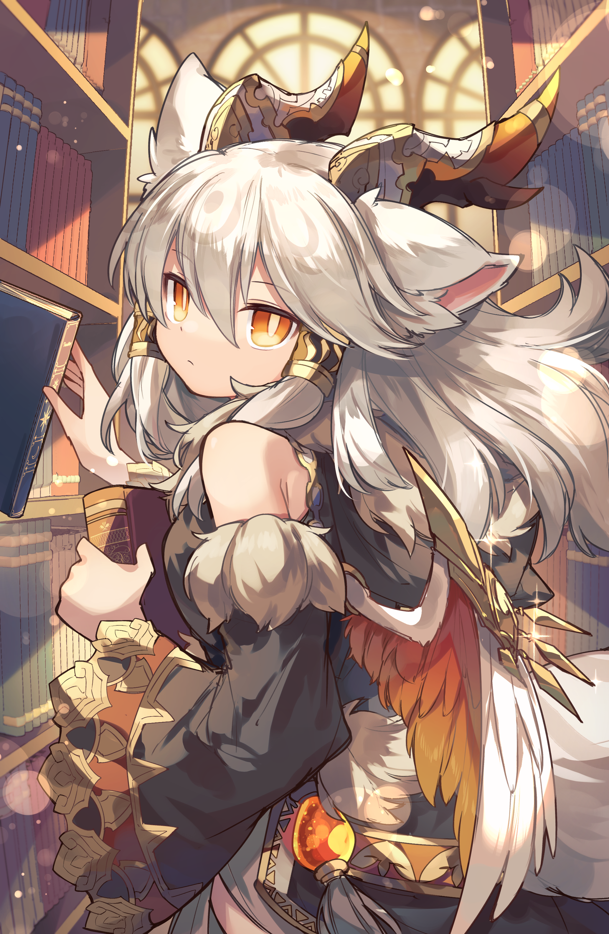 kuuron (moesann17), ilmina (p&d), puzzle & dragons, absurdres, highres, 1girl, animal ears, book, dragon horns, feathered wings, flapper shirt, fur trim, gradient wings, hair between eyes, hair tubes, horns, library, multicolored wings, orange wings, shelf, shirt, solo, spiked wings, white hair, wings, yellow eyes, yellow wings