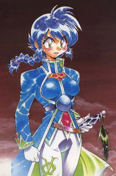 araizumi rui, sherra, sherra (slayers), slayers, non-web source, 1990s (style), 1girl, blue hair, braid, female focus, retro artstyle, single braid, solo, sword, weapon