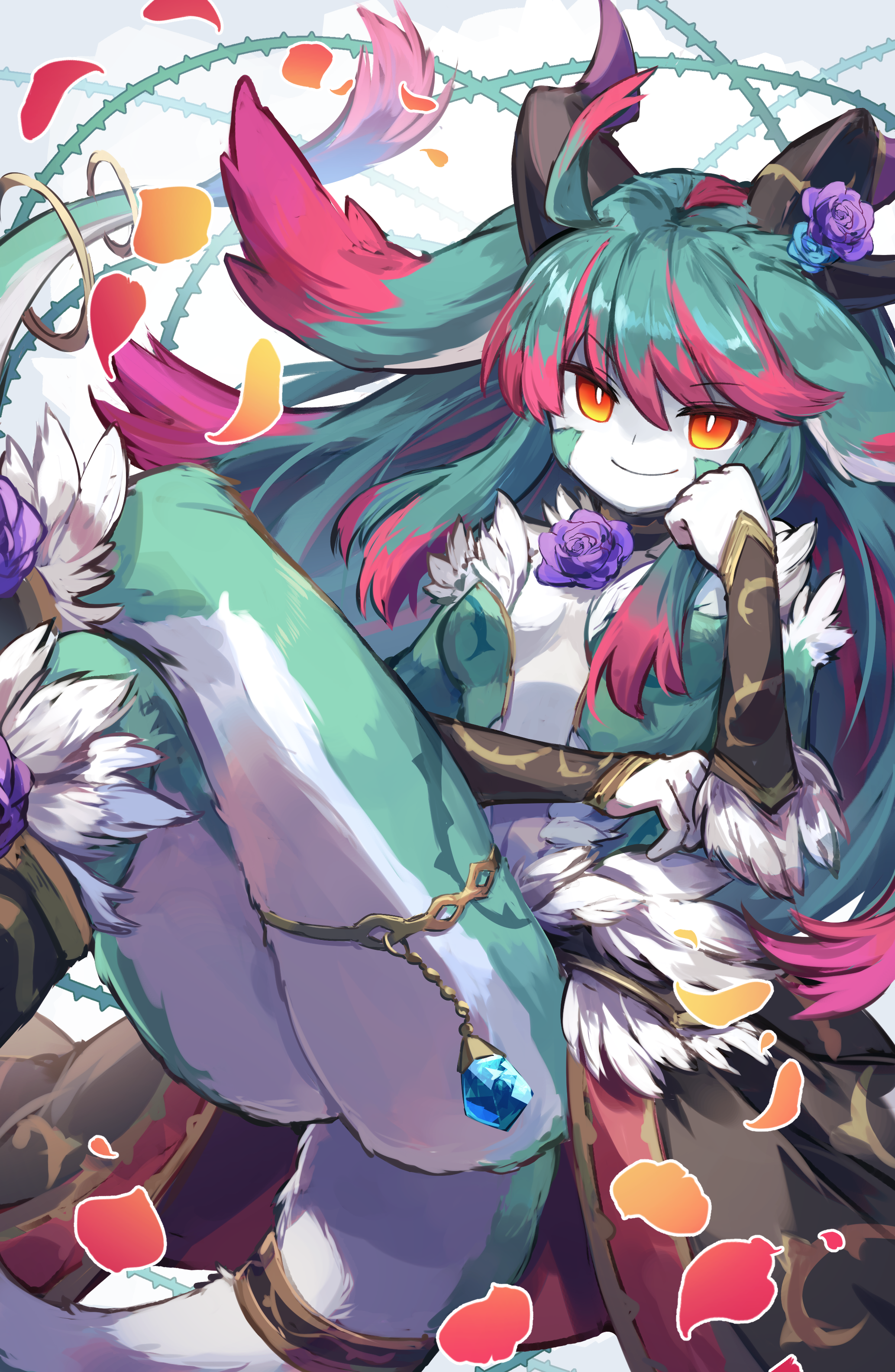 kuuron (moesann17), linthia (p&d), puzzle & dragons, absurdres, highres, 1girl, bracer, dragon girl, dragon tail, facial mark, feathers, flower, green fur, green hair, green leotard, leotard, long hair, monster girl, multicolored hair, orange eyes, pale skin, petals, purple flower, purple rose, rose, solo, tail, tail ornament, tail ring, thorns, white feathers