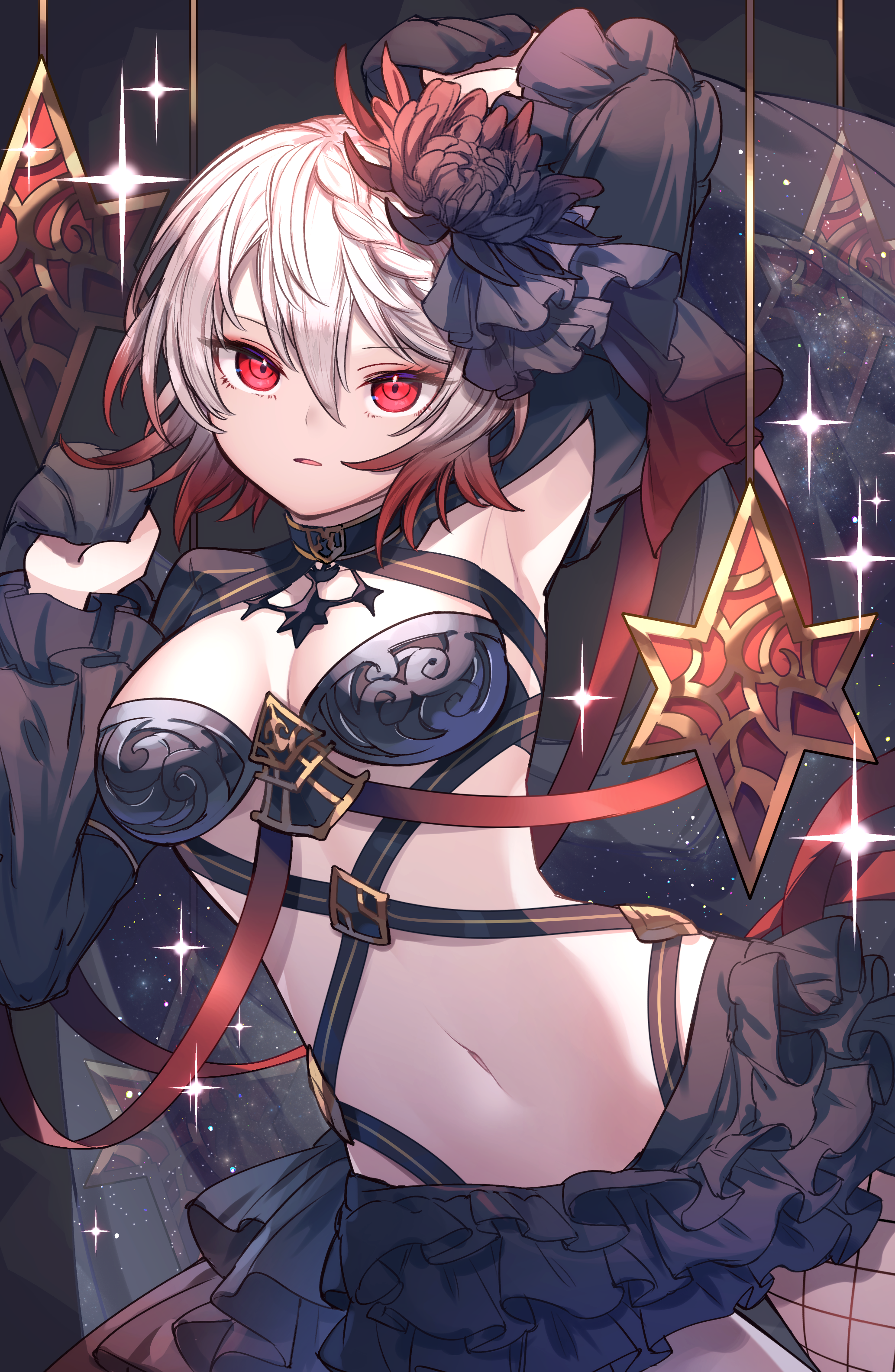 kuuron (moesann17), puzzle & dragons, absurdres, highres, 1girl, breasts, cleavage, flower, frilled skirt, frills, gradient hair, hair flower, hair ornament, multicolored hair, navel, noctaria (p&d), revealing clothes, single fishnet legwear, skirt, solo, white hair