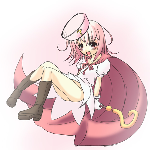 frapowa, hatena yousei, benesse, 1girl, ?, cape, female focus, hat, pink hair, solo, staff