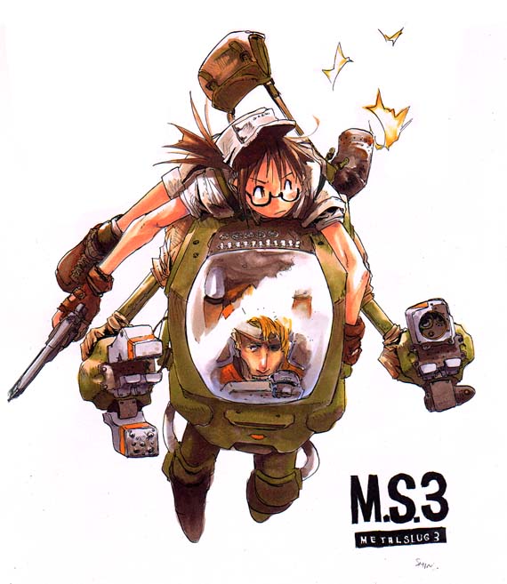 hashimoto shin, fio germi, level armor, marco rossi, metal slug, 1boy, 1girl, armor, bag, bandana, blonde hair, brown hair, claws, firing, glasses, gun, handgun, hat, mecha, pistol, power armor, revolver, riding, robot, science fiction, weapon