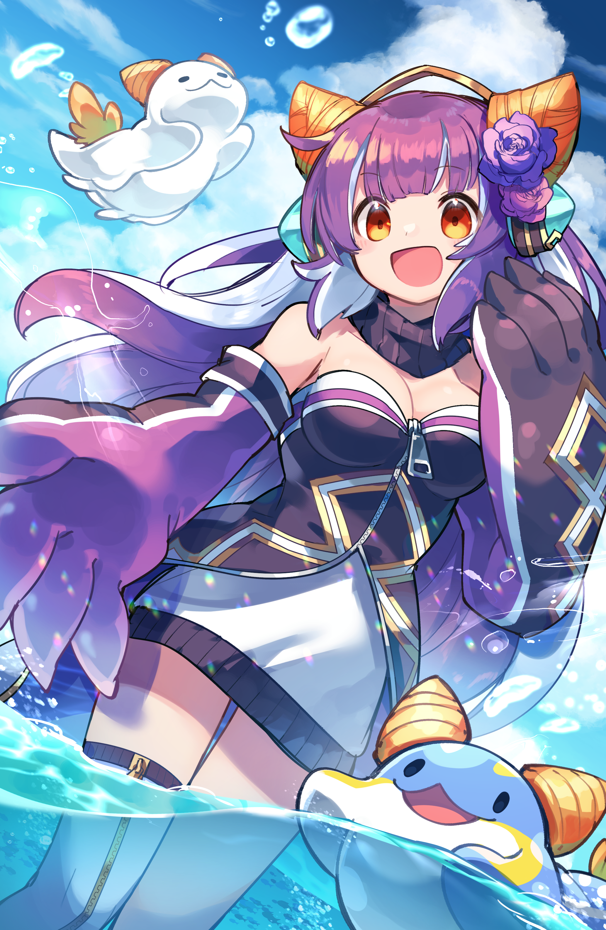 kuuron (moesann17), puzzle & dragons, absurdres, highres, 1girl, breasts, cleavage, detached sleeves, dragon girl, dragon horns, dragon tail, dress, flower, horns, large breasts, multicolored hair, ocean, orange eyes, ponno (p&d), purple flower, purple hair, purple rose, rose, single thighhigh, solo, strapless, strapless dress, tail, thighhighs, white hair, zipper