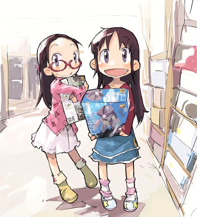 hashimoto shin, acguy, original, 2girls, :d, brown hair, child, figure, glasses, gunpla, half updo, long hair, multiple girls, no nose, open mouth, pigeon-toed, red-framed eyewear, road, smile, street, toy