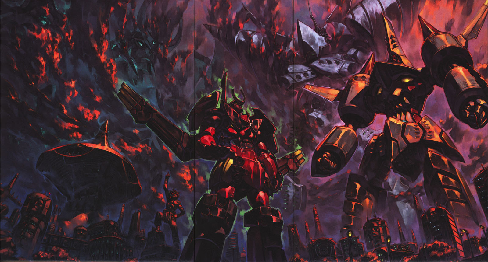 yoshinari you, arc gurren-lagann, chouginga gurren-lagann, gurren-lagann, kamina (ttgl), simon (ttgl), tengen toppa gurren-lagann (mecha), tengen toppa gurren lagann, highres, non-web source, 00s, arm up, armor, building, clenched hands, from below, glowing, lamppost, manly, mecha, no humans, pointing, pointing up, robot, standing, statue, tower, town