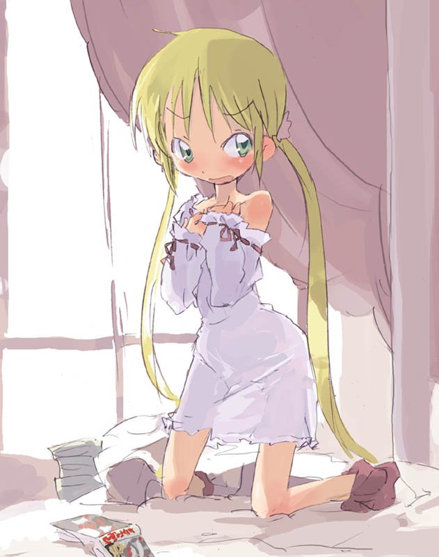 hashimoto shin, sanzen'in nagi, hayate no gotoku!, 00s, 1girl, bed, book, female focus, lingerie, negligee, solo, twintails, underwear