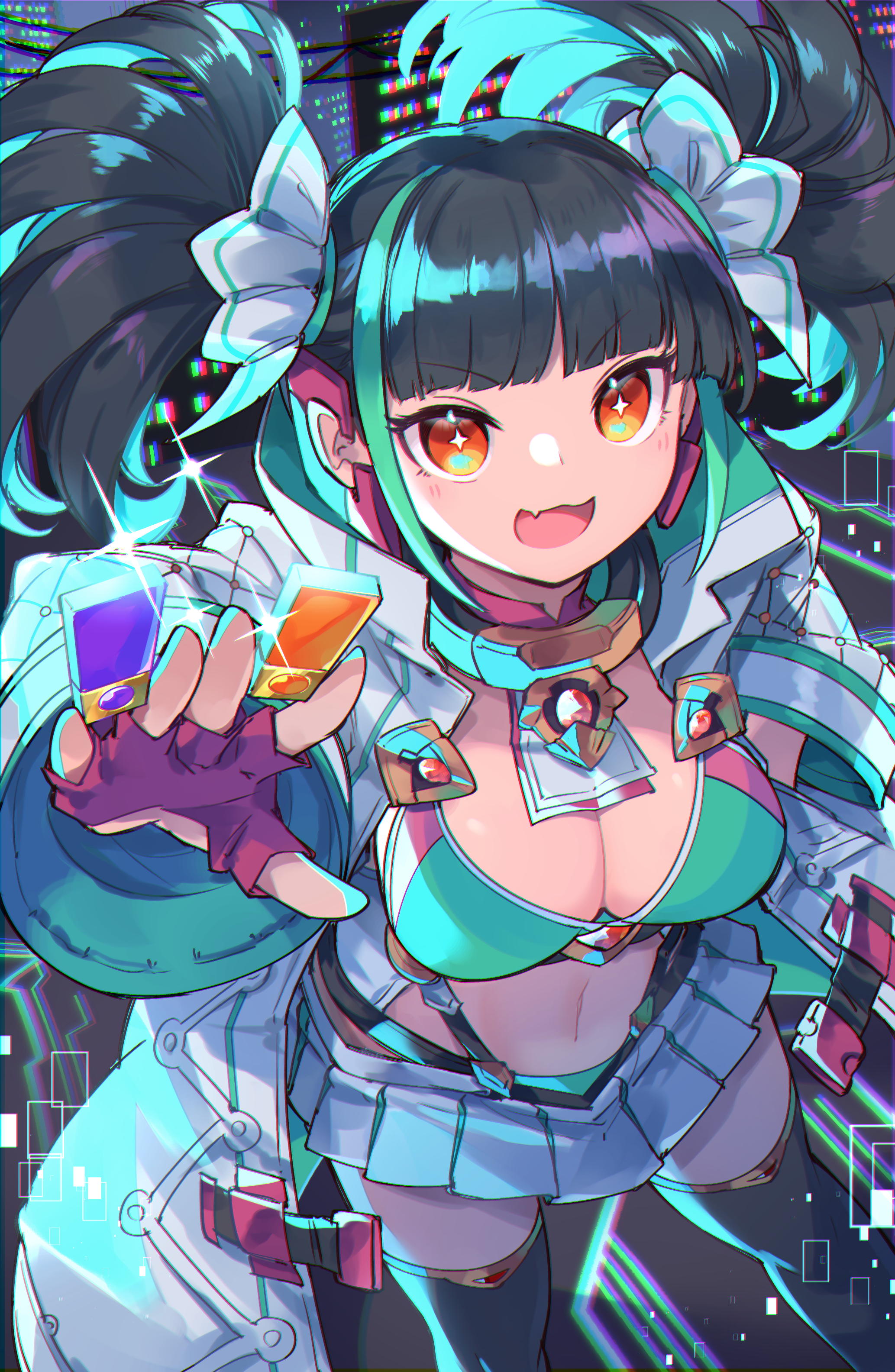 kuuron (moesann17), puzzle & dragons, absurdres, highres, 1girl, breasts, cleavage, coat, crop top, gloves, menoa (p&d), multicolored hair, navel, open mouth, pleated skirt, skirt, solo, sparkling eyes, thighhighs, twintails, white coat, white skirt