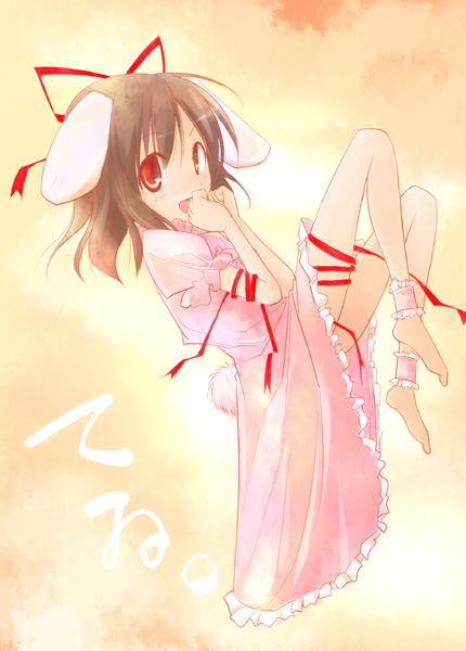 kurikara, inaba tewi, touhou, 1girl, animal ears, barefoot, brown hair, dress, female focus, fetal position, full body, looking at viewer, pink dress, puffy short sleeves, puffy sleeves, rabbit ears, red eyes, red ribbon, ribbon, short hair, short sleeves, solo, string, string of fate