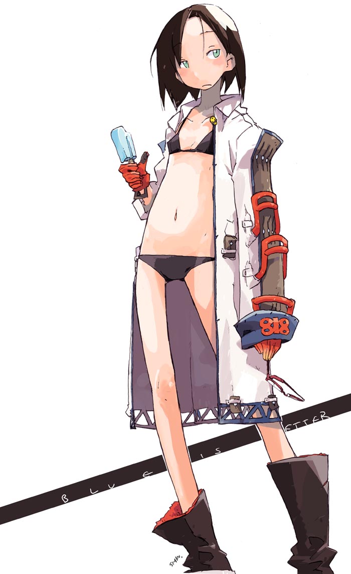 hashimoto shin, bikini, black bikini, boots, flat chest, food, gloves, jacket, lowleg, lowleg bikini, popsicle, solo, swimsuit