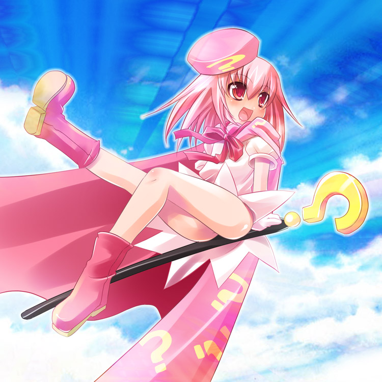 maki (seventh heaven maxion), hatena yousei, benesse, bad id, bad pixiv id, 1girl, boots, female focus, flying, hat, pink boots, pink eyes, pink hair, pink hat, solo