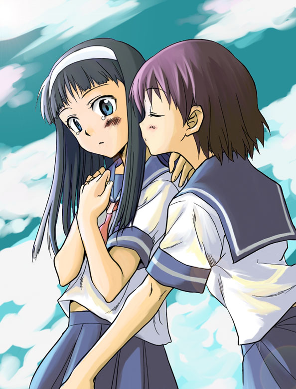 niina ryou, senkouji hagino, wakatake mari, blue drop, bad id, bad pixiv id, 00s, 2girls, imminent kiss, multiple girls, school uniform, serafuku, yuri