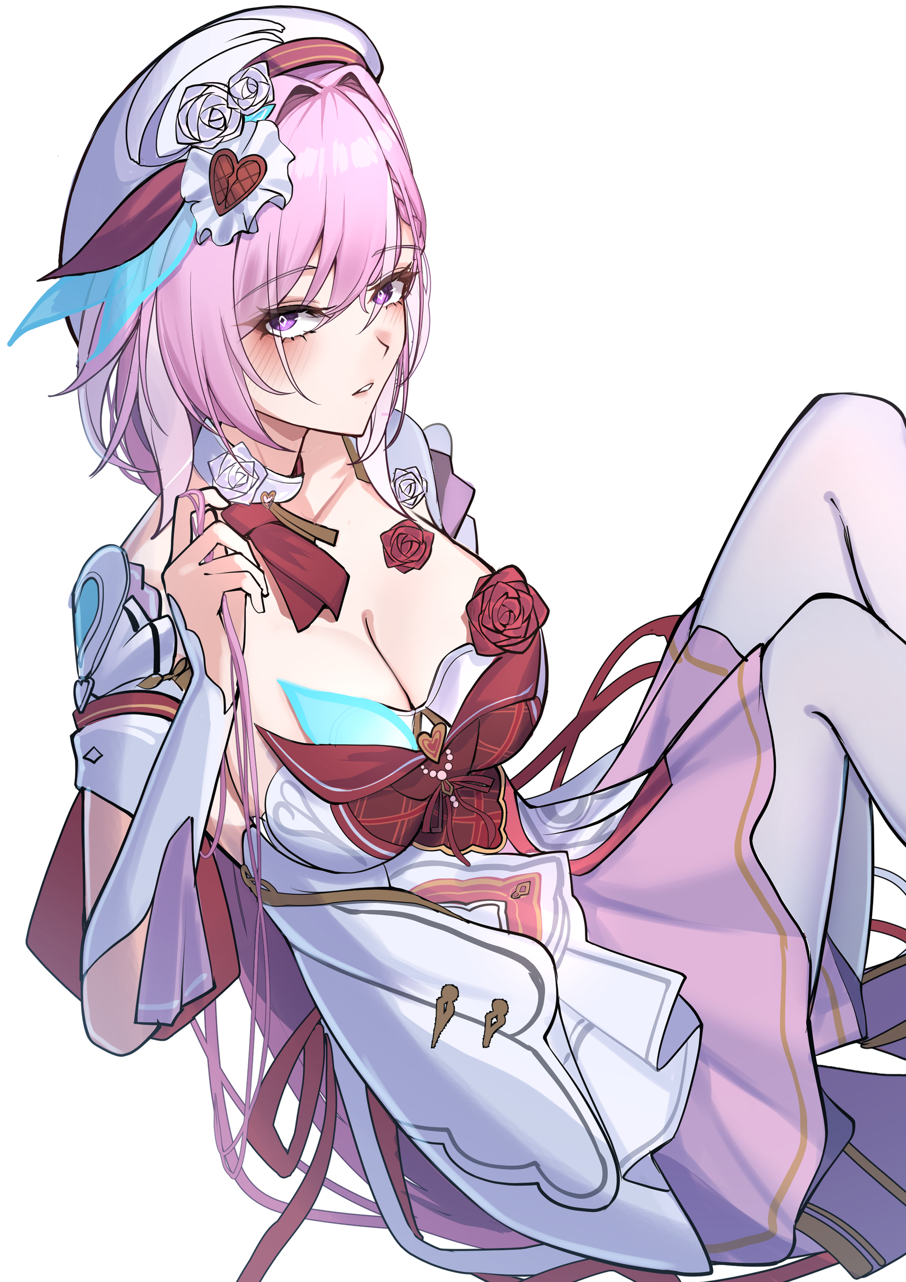 kamishiro noa, elysia (honkai impact), honkai (series), honkai impact 3rd, absurdres, commentary, highres, 1girl, breasts, cleavage, diamond-shaped pupils, diamond (shape), dress, elysia (hi elf of love) (honkai impact), flower, hair intakes, hair ornament, hand up, hat, large breasts, light blush, long hair, looking at viewer, multicolored hair, official alternate costume, parted lips, pink hair, purple eyes, red flower, red rose, rose, simple background, solo, streaked hair, symbol-shaped pupils, upper body, white background, white dress, white hat