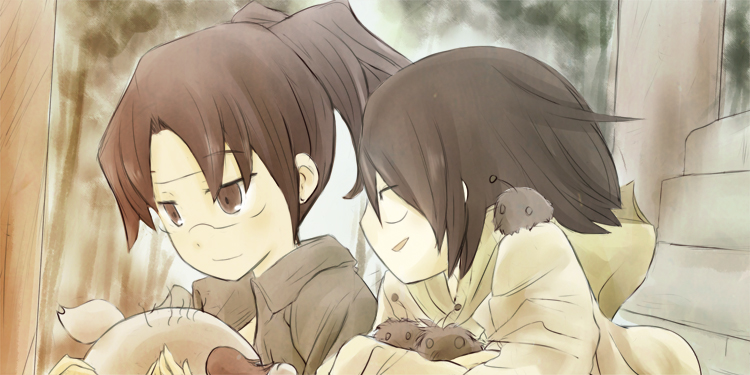 amasawa yuuko, densuke (dennou coil), mojo (dennou coil), okonogi yuuko, dennou coil, 00s, 2girls, :d, ^ ^, blush, closed eyes, closed mouth, coat, expressionless, glasses, hood, hooded jacket, jacket, long sleeves, multiple girls, open mouth, outdoors, parted lips, pillar, ponytail, rimless eyewear, smile, upper body