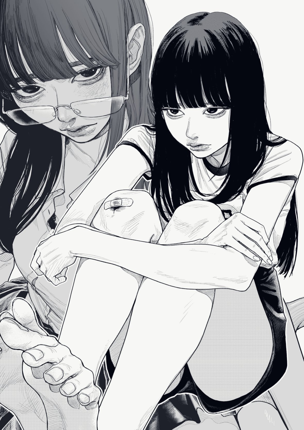 owk bsh yy, original, highres, 2girls, aegyo sal, bandaid, bandaid on knee, bandaid on leg, barefoot, bespectacled, blunt bangs, bra, bra peek, collared shirt, crossed arms, dress shirt, dual persona, expressionless, glasses, greyscale, hair behind ear, head tilt, high-waist shorts, hugging own legs, injury, knees up, lips, looking at viewer, looking over eyewear, looking to the side, monochrome, multiple girls, nose, partially unbuttoned, realistic, shirt, shirt tucked in, short sleeves, shorts, sitting, underwear, upturned eyes, zoom layer