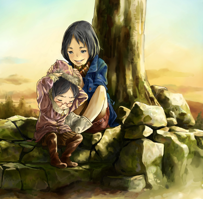tarao, 2girls, glasses, jacket, multiple girls, tree