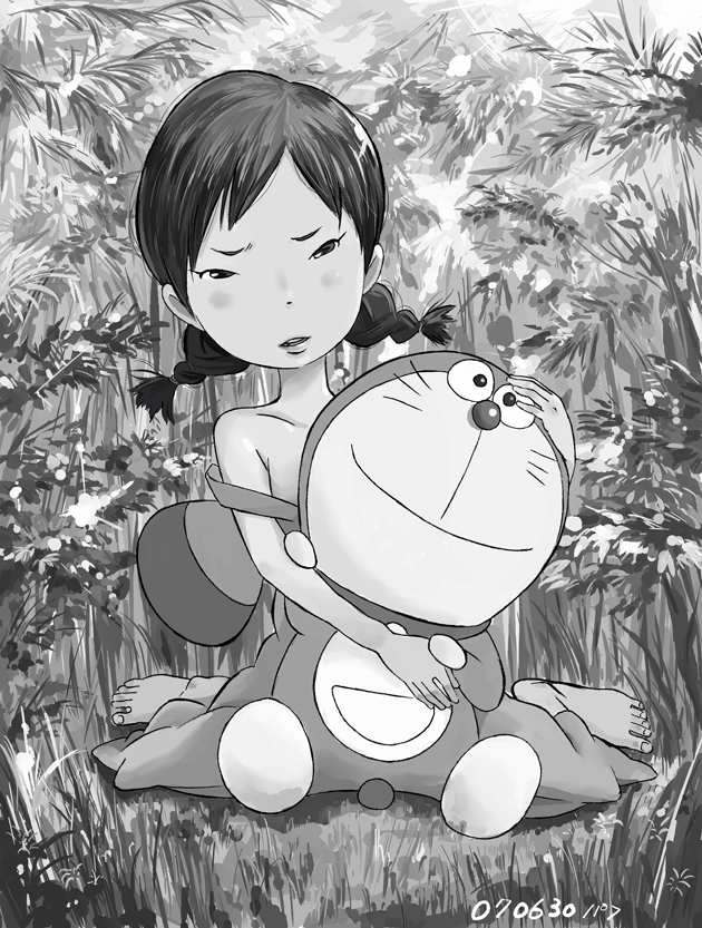 tarao, doraemon (character), doraemon, braid, forest, greyscale, monochrome, nature, solo, stuffed animal, stuffed toy, twin braids