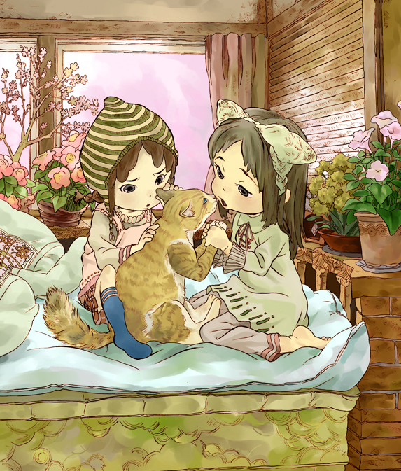 tarao, bed, cat, flower, hat