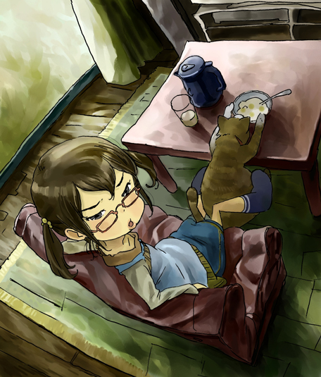 tarao, tagme, cat, couch, food, glasses, solo, twintails
