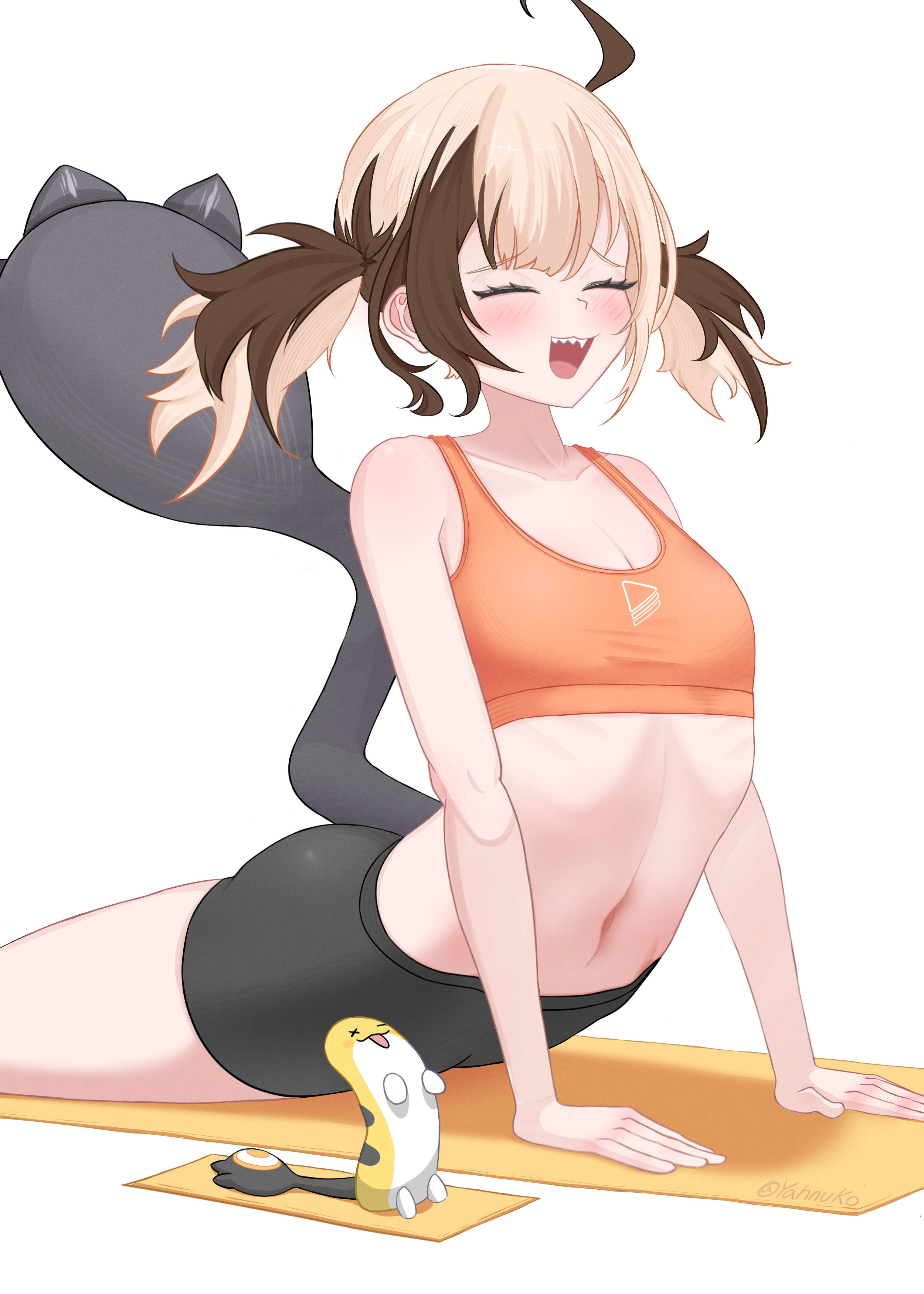 yahnuko, gigi murin, grem (gigi murin), hololive, hololive english, absurdres, highres, 1girl, ahoge, black shorts, blonde hair, breasts, brown hair, close-up, closed eyes, multicolored hair, navel, open mouth, orange sports bra, sharp teeth, shorts, small breasts, sports bra, stretching, tail, teeth, twintails, two-tone hair, virtual youtuber, white background, yoga mat