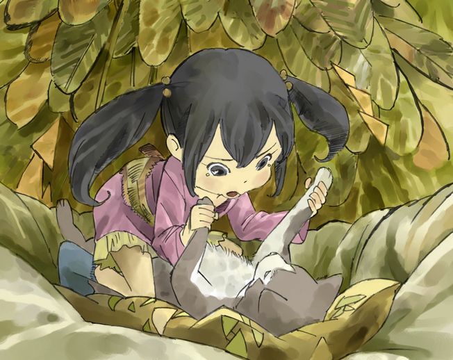 tarao, tagme, 1girl, black eyes, black hair, dog, female focus, japanese clothes, kimono, pillow, solo, twintails, wrestling