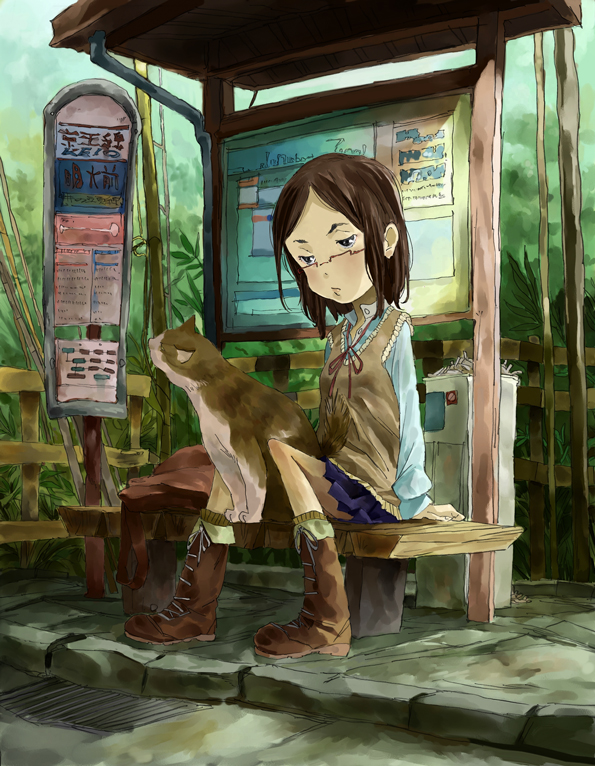 tarao, 1girl, bad anatomy, bad proportions, bench, bus stop, cat, female focus, glasses, poorly drawn, solo