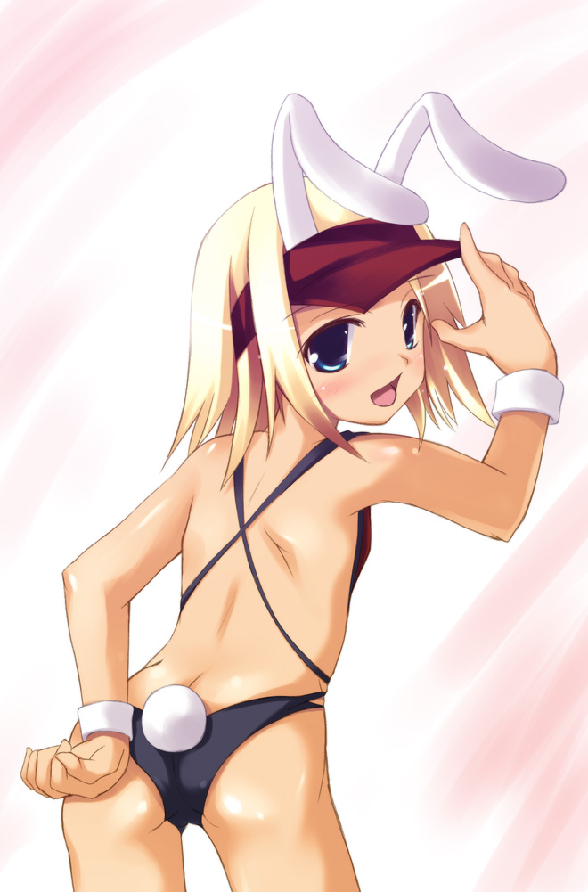 safi, catherine kyoubashi, aq interactive, arcana heart, arcana heart 2, atlus, examu, visor, 1girl, animal ears, ass, back, backless swimsuit, blonde hair, blue eyes, blush, female focus, flat chest, from behind, looking back, one-piece swimsuit, rabbit ears, rabbit tail, salute, short hair, solo, swimsuit, tail, visor cap, wristband