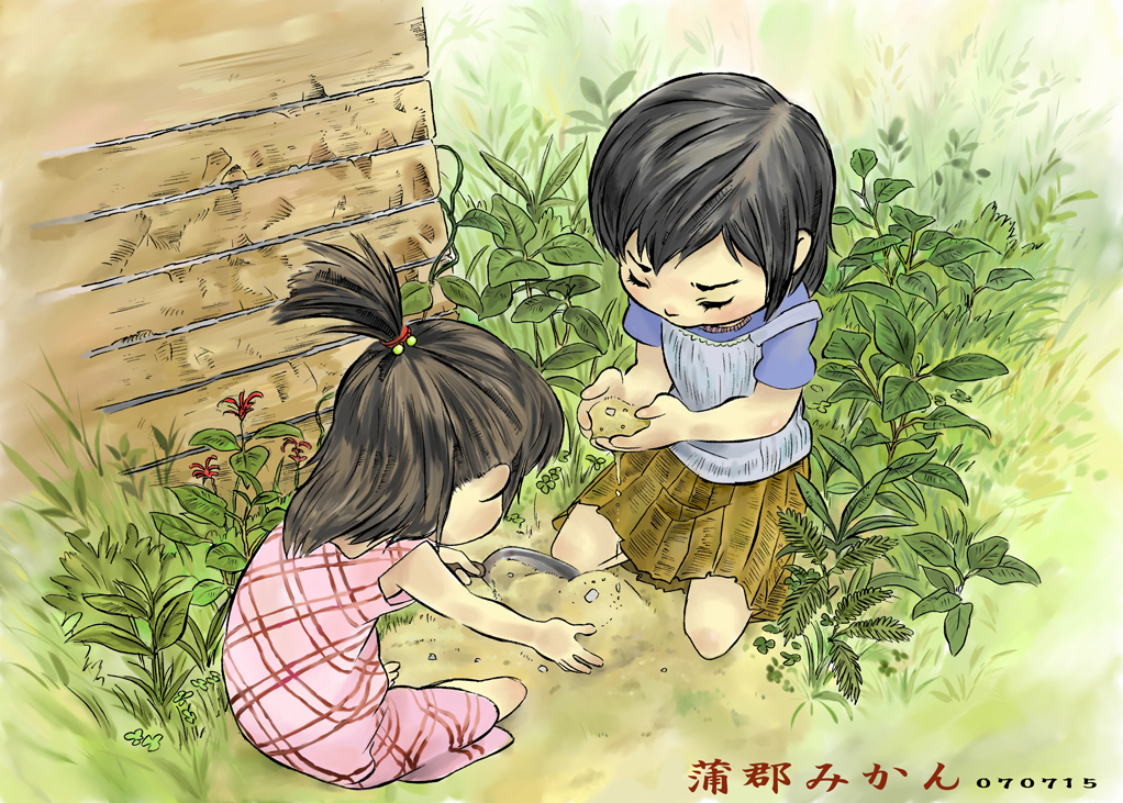 tarao, bad id, bad pixiv id, tagme, blouse, blue shirt, child, cupping hands, dated, day, dress, eyelashes, from above, half updo, miniskirt, nature, outdoors, own hands together, plaid clothes, plaid dress, plant, ponytail, shirt, sitting, skirt