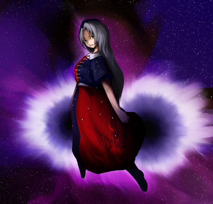 laboto, yagokoro eirin, touhou, silver hair, 1girl, black boots, boots, closed mouth, expressionless, female focus, floating, full body, hat, hetareya, knee boots, long hair, looking at viewer, magic, night, night sky, nurse cap, outdoors, puffy short sleeves, puffy sleeves, red eyes, shaded face, short sleeves, sky, solo, star (sky), starry sky, very long hair