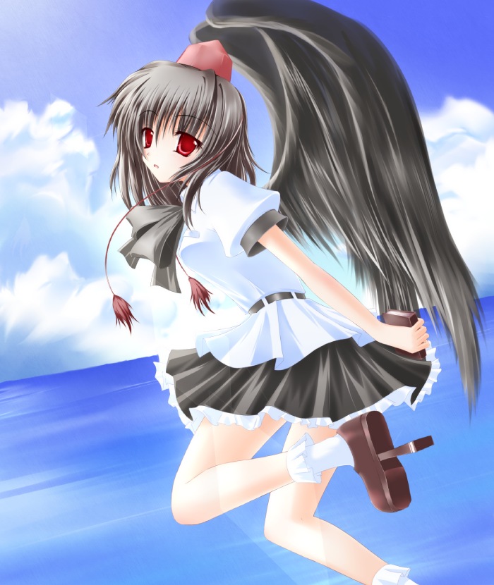 shirotsuki kouta, shameimaru aya, touhou, 1girl, belt, black hair, black wings, bobby socks, book, bow, bowtie, cloud, day, dress shirt, female focus, flying, frills, geta, hat, holding, looking at viewer, ocean, open mouth, red eyes, shirt, skirt, socks, solo, tengu-geta, tokin hat, wings
