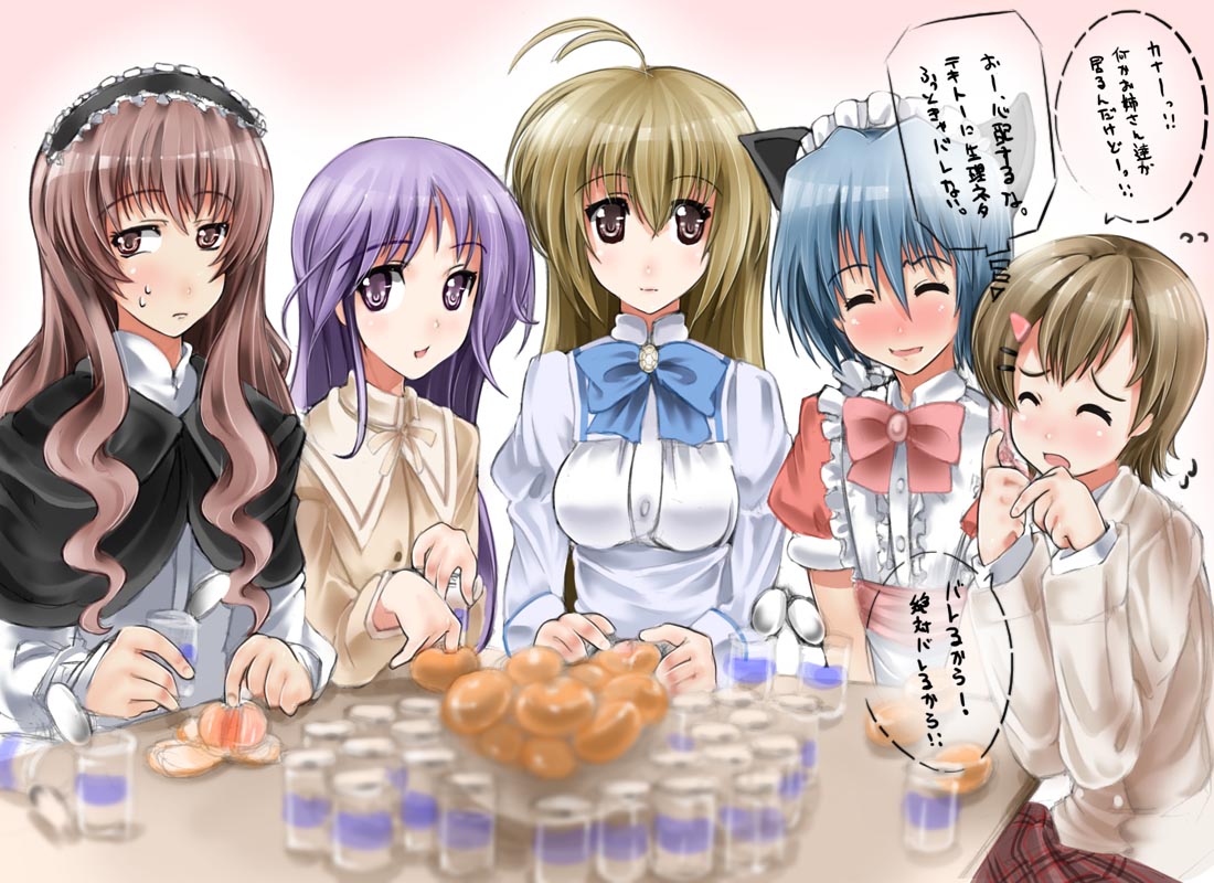 abubu, ayasaki hayate, mako-chan (minami-ke), makoto (minami-ke), miyanokouji mizuho, watarase jun, yutaka mikoto, happiness!, hayate no gotoku!, minami-ke, otome wa boku ni koishiteru, princess princess, translated, 00s, 5boys, ^ ^, ahoge, alcohol, animal ears, blue hair, blush, bow, brown eyes, brown hair, buttons, cape, cat ears, cellphone, closed eyes, crossdressing, crossdressing (mtf), crossover, drinking, everyone, food, fruit, hair ornament, hairclip, long hair, maid, maid headdress, male focus, male maid, multiple boys, open mouth, orange (fruit), phone, purple eyes, purple hair, ribbon, sitting, smile, table, talking on phone, trap
