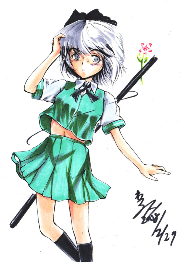 asuima, konpaku youmu, touhou, silver hair, traditional media, 1girl, black socks, blue eyes, cowboy shot, female focus, flower, green skirt, hairband, kneehighs, looking at viewer, navel, puffy short sleeves, puffy sleeves, sheath, sheathed, short hair, short sleeves, simple background, skirt, socks, solo, standing, stomach, vest, white background