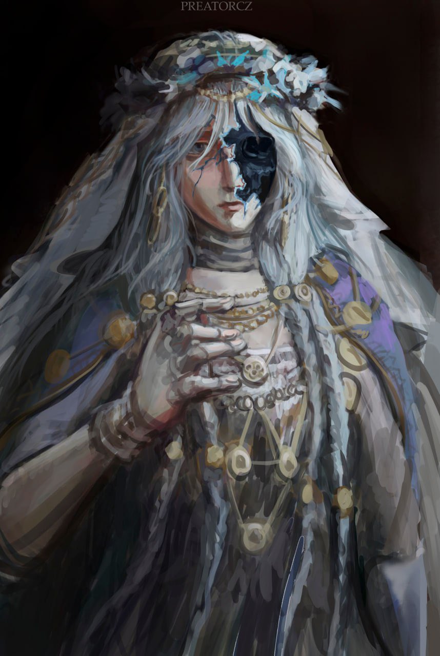 preatorcaezar, revenant (elden ring), elden ring, highres, 1girl, blue eyes, braid, cracked skin, doll joints, dress, flower wreath, head wreath, jewelry, joints, long hair, looking at viewer, low twin braids, simple background, solo, twin braids, veil, white dress, white hair, white veil