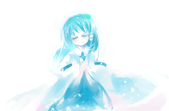cis (carcharias), kochiya sanae, touhou, 1girl, asymmetrical hair, blue skirt, blue theme, closed eyes, cowboy shot, detached sleeves, female focus, green hair, hair tubes, head tilt, long hair, long sleeves, nontraditional miko, simple background, skirt, smile, solo, upper body, vest, white background