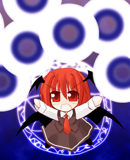 arayama reiichi, koakuma, embodiment of scarlet devil, touhou, 1girl, arms up, bat wings, chibi, danmaku, female focus, head wings, hexagram, red eyes, red hair, solo, wings