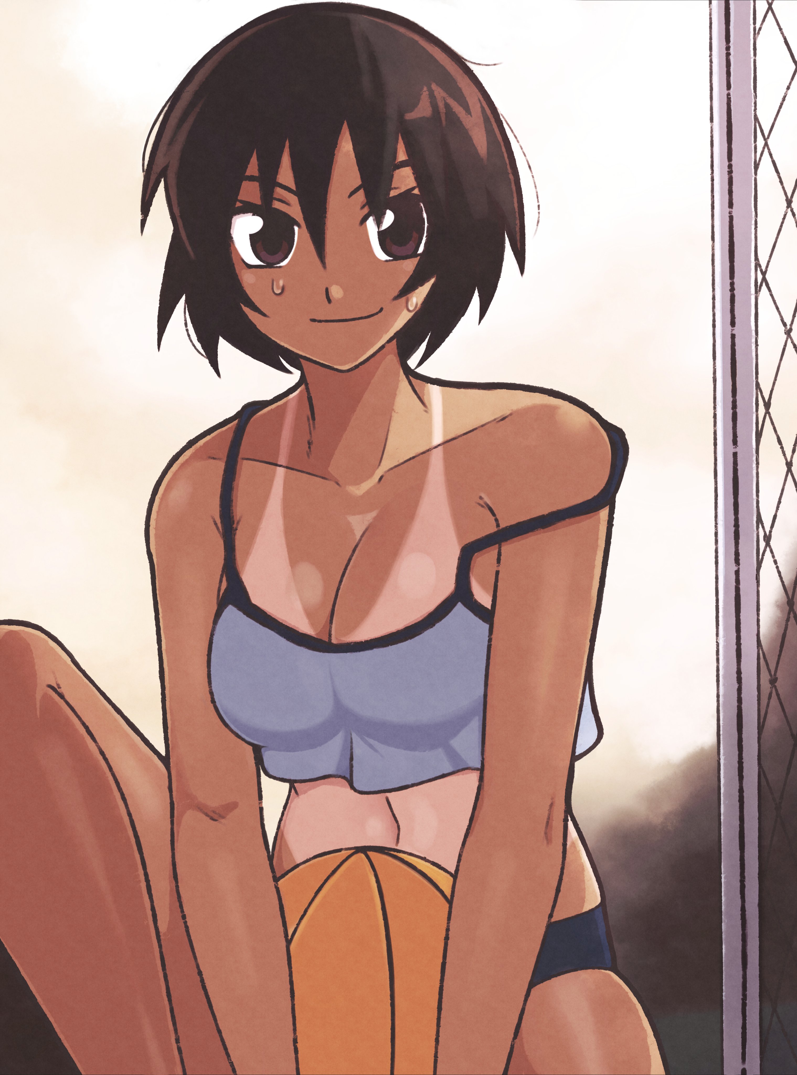 jeff miga, kagura (azumanga daioh), azumanga daiou, absurdres, highres, 1girl, ball, basketball (object), blurry, blurry background, breasts, brown eyes, brown hair, chain-link fence, cleavage, closed mouth, collarbone, fence, holding, holding ball, knee up, large breasts, looking at viewer, navel, outdoors, short hair, smile, solo, sweat, tan, tanline
