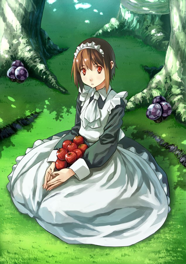 houru, apple, brown hair, food, forest, fruit, maid, mushroom, nature, red eyes, short hair, tree