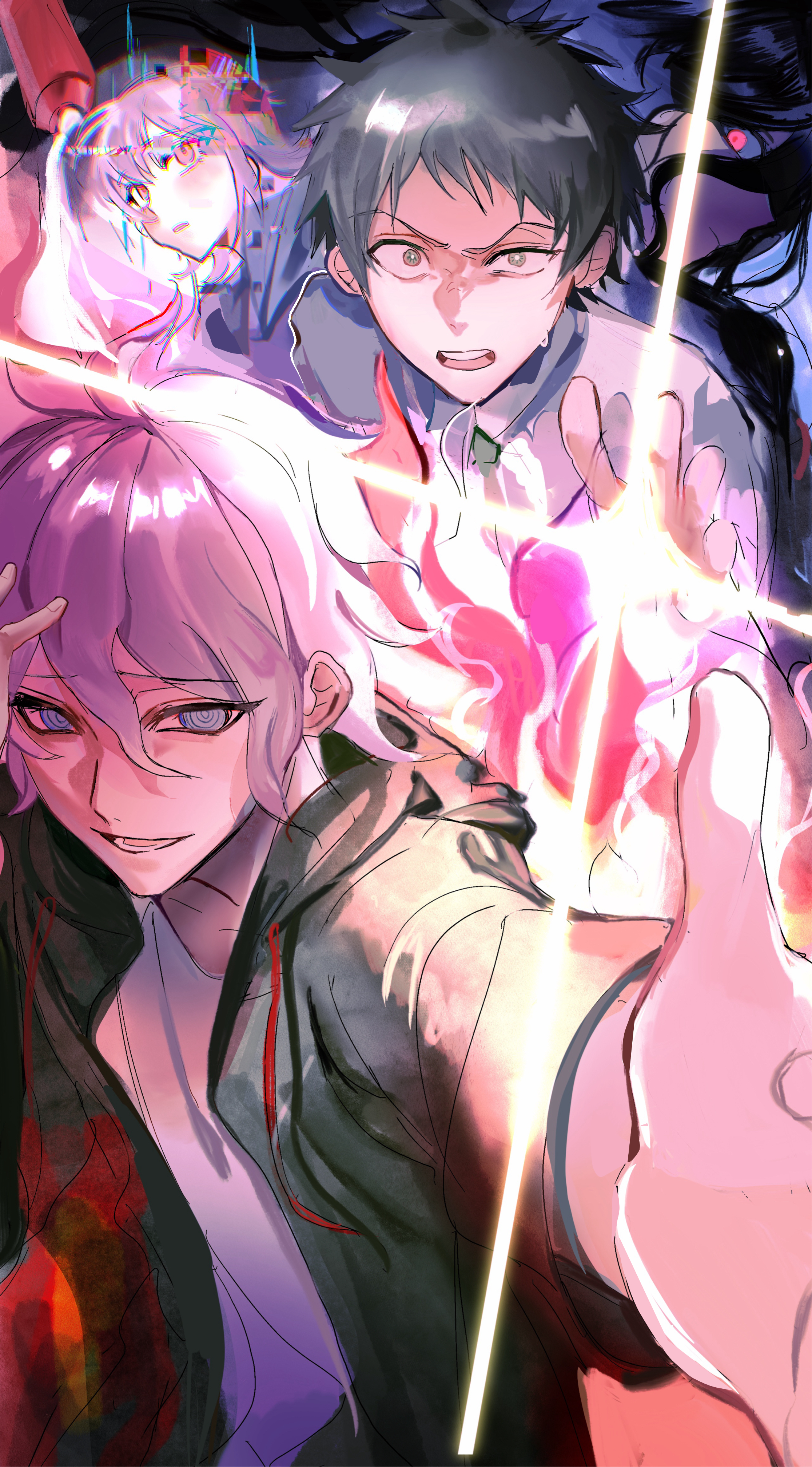 hinata hajime, komaeda nagito, nanami chiaki, danganronpa (series), danganronpa 2: goodbye despair, absurdres, highres, 1girl, 2boys, ahoge, blush, brown hair, chong ruan chisu, d:, green jacket, grey eyes, grey hair, grey shirt, hair between eyes, hood, hood down, jacket, long sleeves, medium hair, multiple boys, open clothes, open jacket, open mouth, pink eyes, shirt, short hair, smile, sweat, teeth, upper teeth only