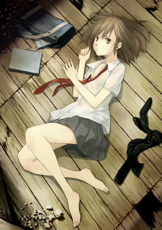 houru, original, 1girl, bag, barefoot, book, brown hair, feet, female focus, flat chest, lying, no bra, school uniform, see-through clothes, serafuku, skirt, socks, solo, wet