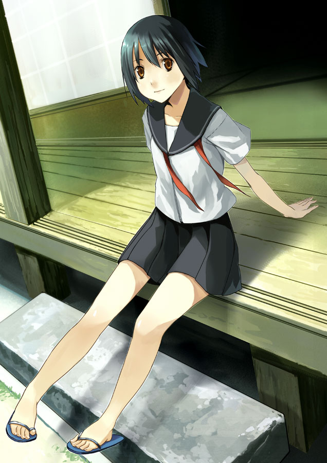 houru, original, character request, 1girl, black hair, brown eyes, female focus, sandals, school uniform, serafuku, sitting, skirt, smile, solo, veranda