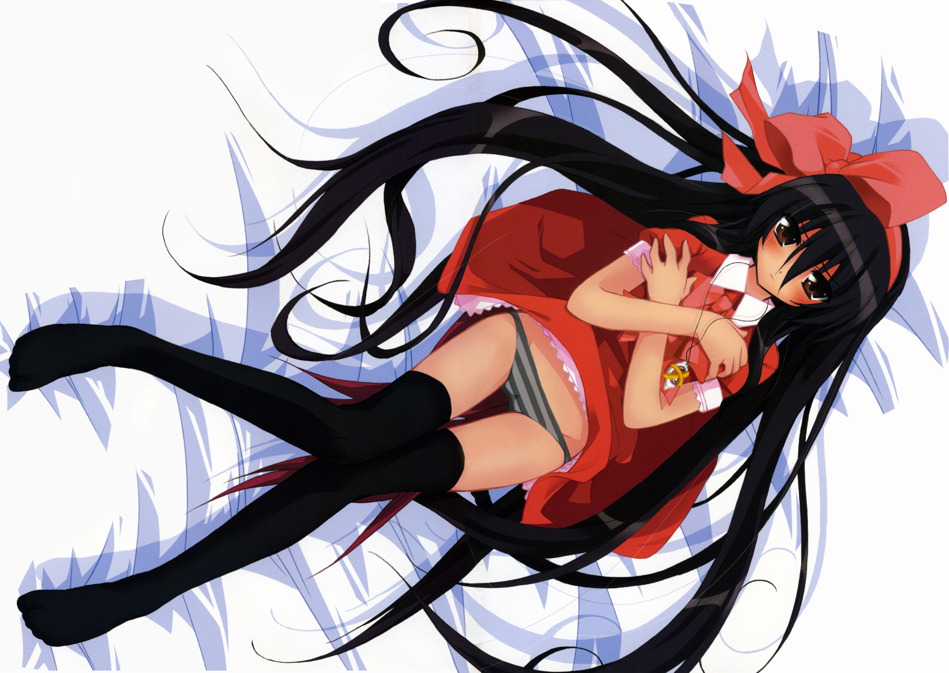 alastor (shakugan no shana), shana, shakugan no shana, highres, scan, 00s, 1girl, black hair, blush, dress, female focus, hair ribbon, jewelry, long hair, lowleg, lowleg panties, panties, pendant, ribbon, solo, striped clothes, striped panties, thighhighs, underwear