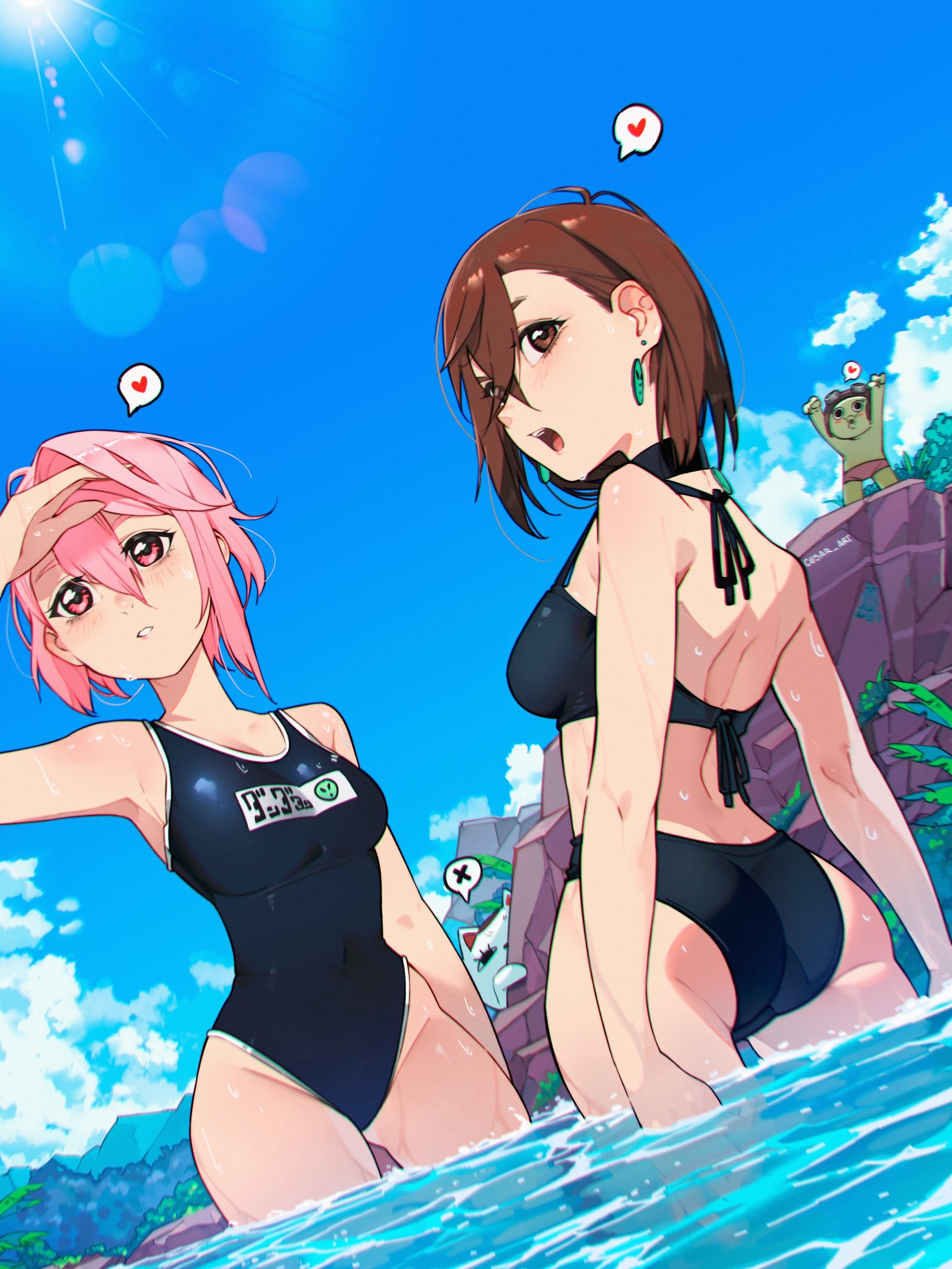 cesar art456, ayase momo, chiquitita, shiratori aira (dandadan), turbo granny (dandadan), dandadan, commentary, english commentary, highres, 2girls, ass, bare arms, bare shoulders, bikini, black bikini, blue one-piece swimsuit, blue sky, blush, breasts, brown eyes, brown hair, cat, cloud, competition school swimsuit, covered navel, cowboy shot, crossed bangs, day, dutch angle, earrings, gluteal fold, goggles, goggles on head, hair between eyes, heart, highleg, highleg one-piece swimsuit, jewelry, large breasts, lens flare, light rays, looking afar, multiple girls, one-piece swimsuit, open mouth, outdoors, parted lips, pink eyes, pink hair, school swimsuit, shading eyes, short hair, sky, spoken heart, spoken x, standing, sunbeam, sunlight, swimsuit, twitter username, wading, water, water drop, wet