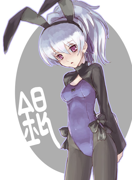 katahira masashi, yin (darker than black), darker than black, 00s, animal ears, cowboy shot, fake animal ears, leotard, long hair, pantyhose, playboy bunny, ponytail, rabbit ears, solo, white hair