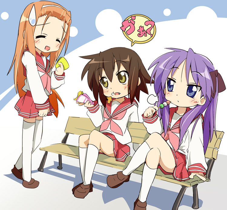 ixy, hiiragi kagami, kusakabe misao, minegishi ayano, lucky star, 00s, bench, eating, kneehighs, long hair, school uniform, serafuku, sitting, socks, thighhighs