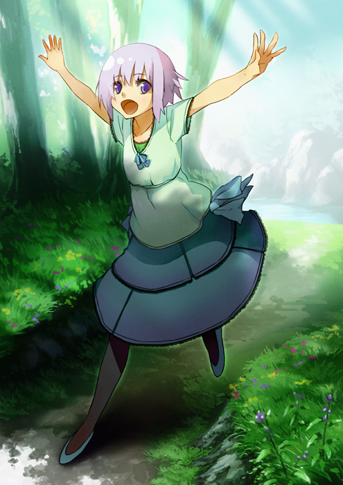 houru, flat chest, happy, nature, pantyhose, purple eyes, purple hair, solo