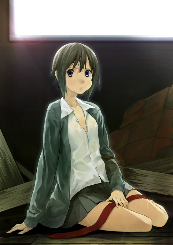 houru, original, 1girl, female focus, flat chest, school uniform, serafuku, solo, wet