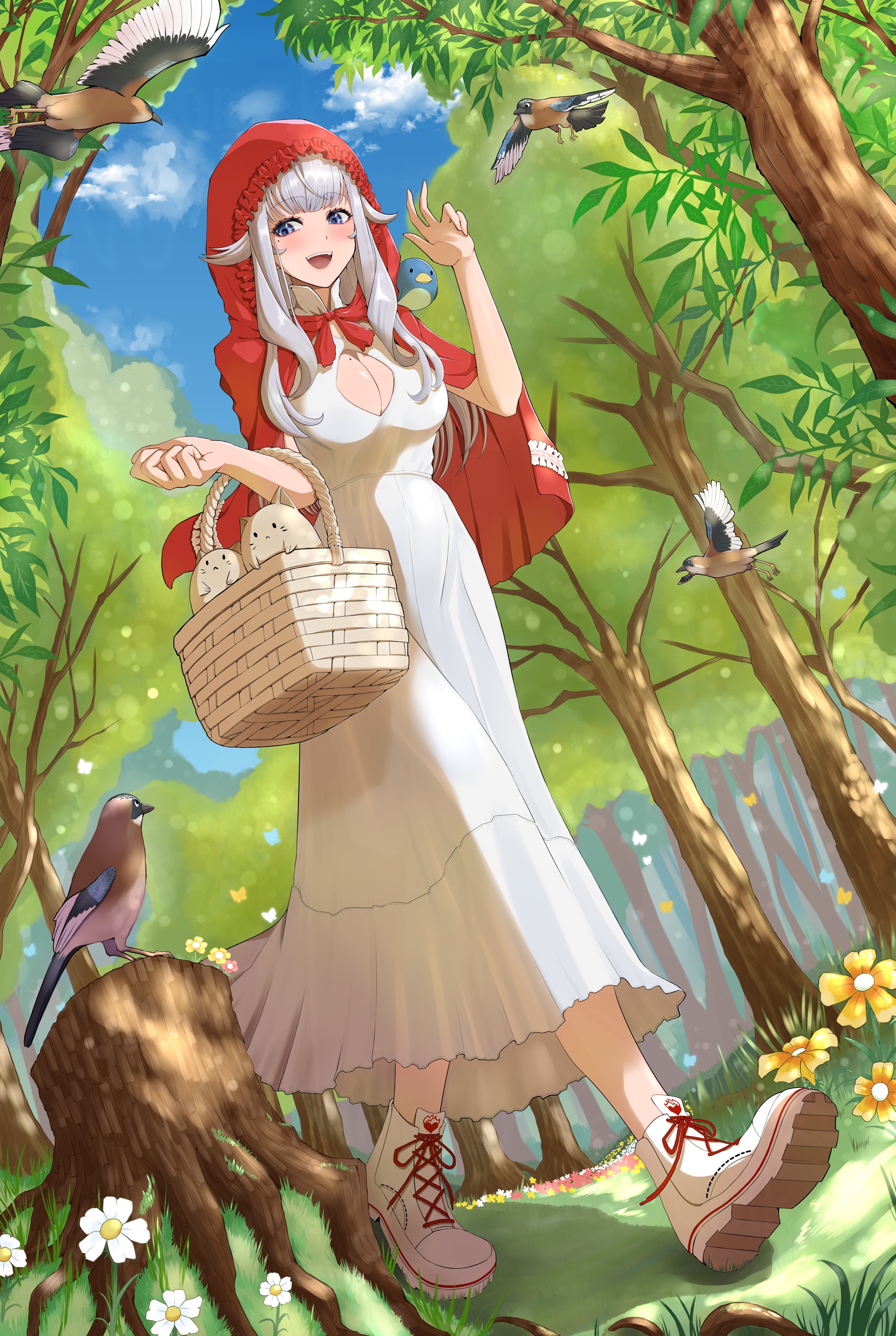 mariebell, ember amane, little red riding hood (fairy tale character), phase connect, absurdres, commission, highres, vgen commission, 1girl, animal, animal on shoulder, basket, bird, blue eyes, breasts, cat, cleavage, cleavage cutout, clothing cutout, cloud, cosplay, dress, flower, grass, grey hair, holding, holding basket, little red riding hood (fairy tale character) (cosplay), mole, mole on breast, mole under eye, open mouth, picnic basket, shoes, sky, smile, teeth, upper teeth only, white dress, white shoes, yellow flower