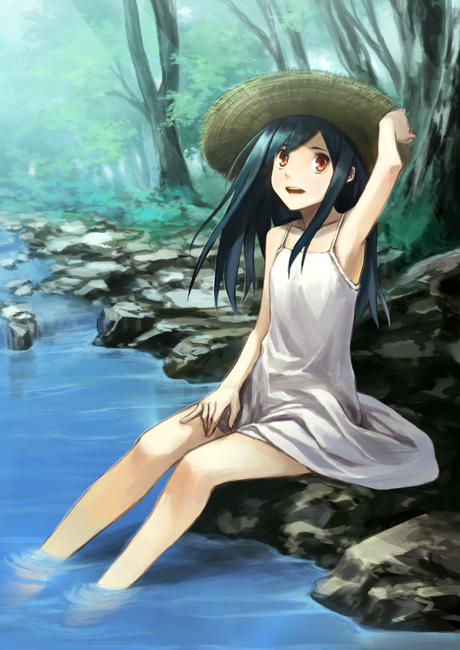 houru, 1girl, armpits, barefoot, chemise, dress, feet, female focus, flat chest, forest, hat, nature, outdoors, river, sitting, soaking feet, solo, straw hat, water